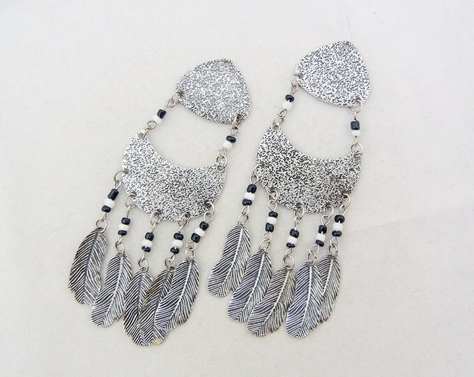 Pair of Antique Silver-tone and Seed Bead Feather Drop Charms