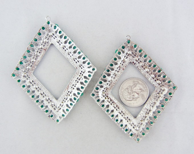 Pair of Silver-tone Green Cabochons, Rhinestones and Blue Seed Bead Drop Charms