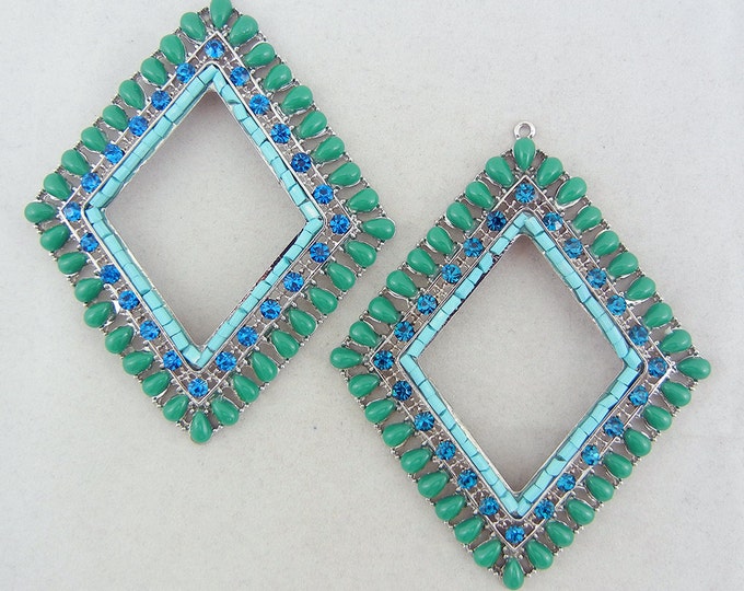 Pair of Silver-tone Green Cabochons, Rhinestones and Blue Seed Bead Drop Charms