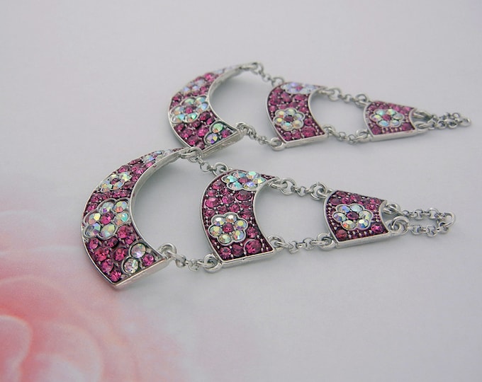 Pair of 3 Tiered Floral Pink and Aurora Borealis Rhinestone Drop Charms Silver-tone