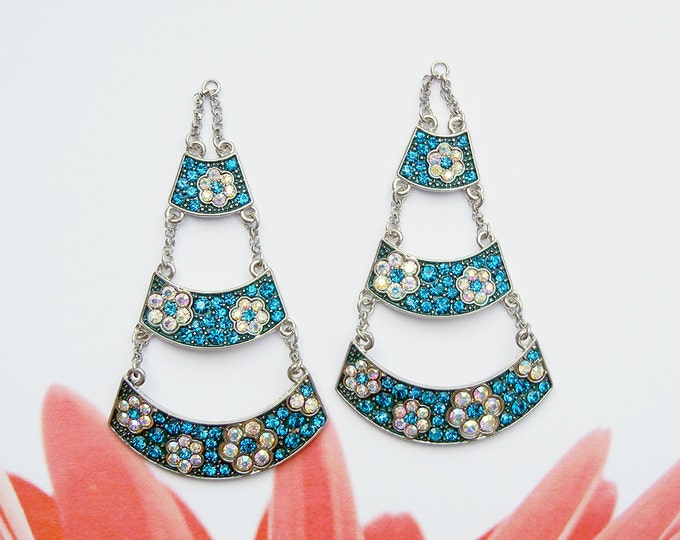 Pair of 3 Tiered Floral Turquoise Blue and Aurora Borealis Rhinestone Drop Charms Silver-tone