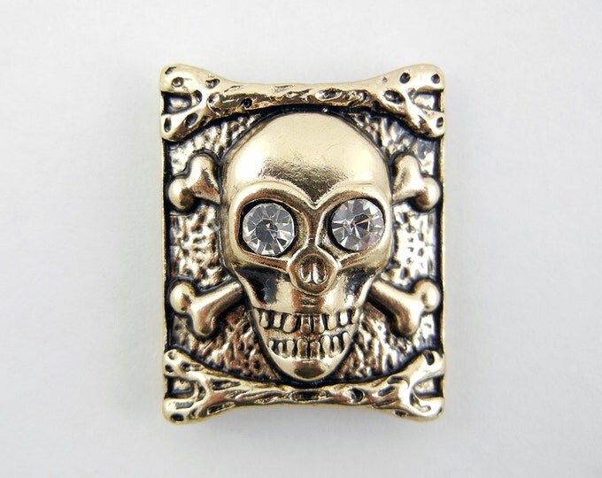 Rectangular Skull and Crossbones Slide Charm Antique Gold-tone Rhinestone Eyes