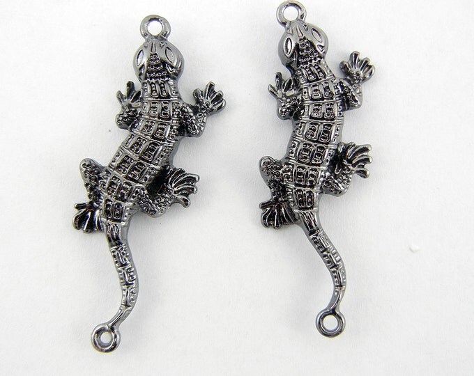 Two Hematite Dark Silver-tone Double Link Lizard Charm Pendants Textured