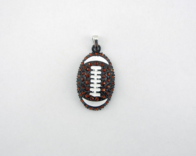 Black and White Epoxy Topaz Rhinestone Football Pendant SIlver-tone Base