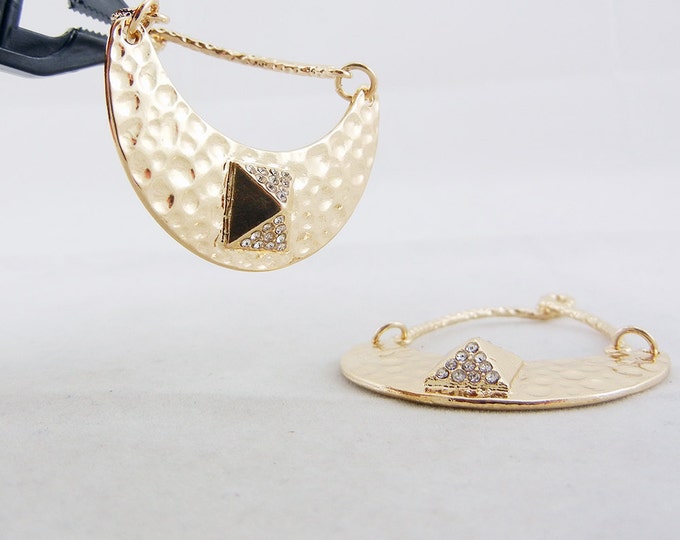 Pair of Gold-tone Crescent Shape Drop Charms Tribal with Rhinestone Pyramid