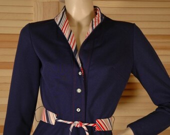 Vintage 1970s Red White and Blue Shirtwaist Dress Size S b36