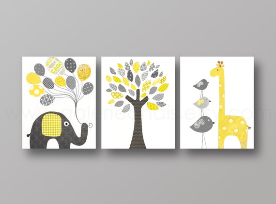 Nursery art print Nursery wall decor baby nursery decor Children Kids art yellow gray elephant giraffe bird Tree - Set of three prints by GalerieAnais