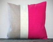 Color Block Pillow in Hot Pink, Cream and Natural Linen by JillianReneDecor - Bright Summer Home Decor - Colorblock Striped Trio