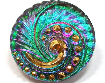 Peacock Czech glass BUTTON, Emerald green & purple pink swirl, 27mm, 1".