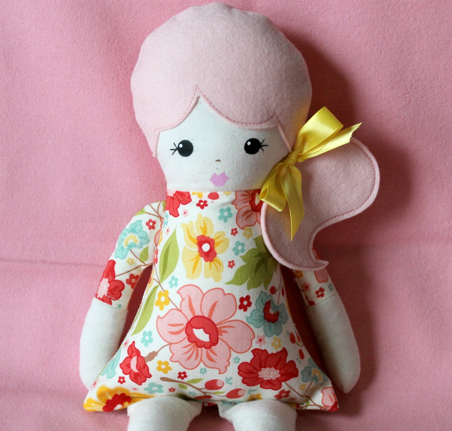 Handmade pink hair cloth rag doll side pony with a bow