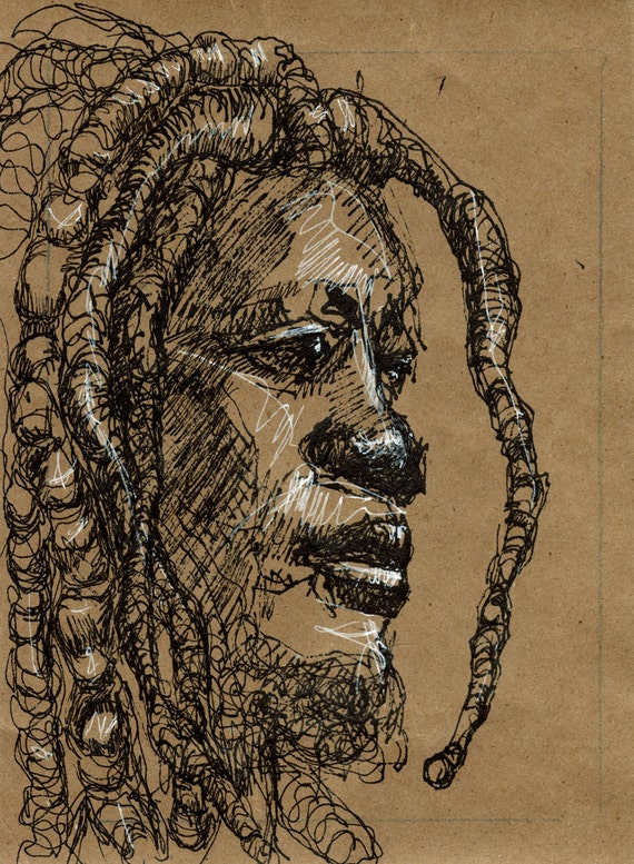 Items similar to Art Drawing Pen and Ink Dreadlock Rastafarian Man