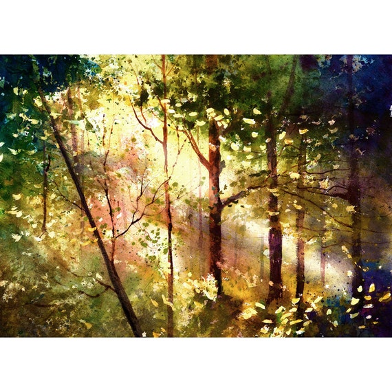 Watercolor Painting Print Forest Trees Light Woods By Derekcollins