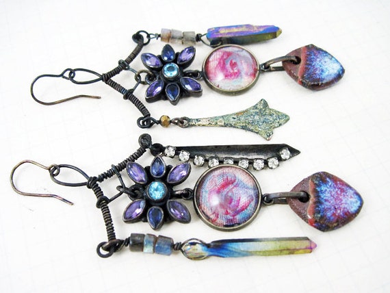 Volur, the Wand-Carriers.  purple assemblage earrings wiht ceramic and gemstone dangles