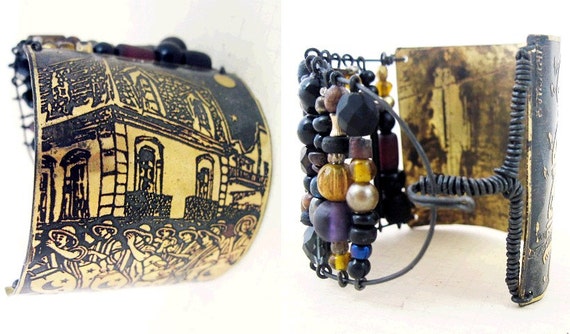 Join the Call. Etched brass cuff with dark beads.