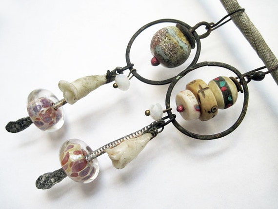 Change. Rustic Gypsy beachy, victorian tribal ivory white bone lampwork assemblage earrings