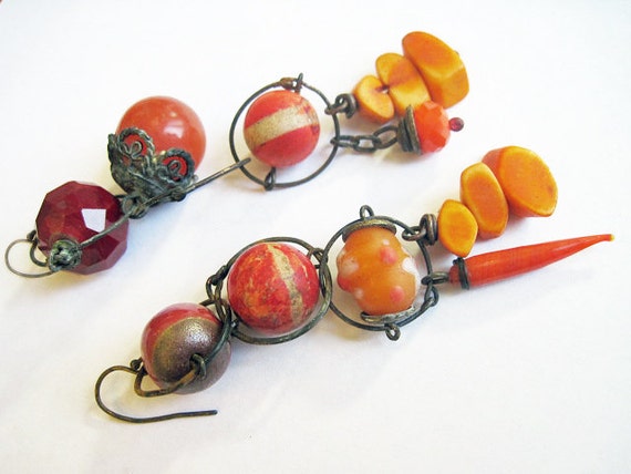 Let It Go. Rustic Gypsy vintage, victorian tribal orange coral red brown assemblage earrings