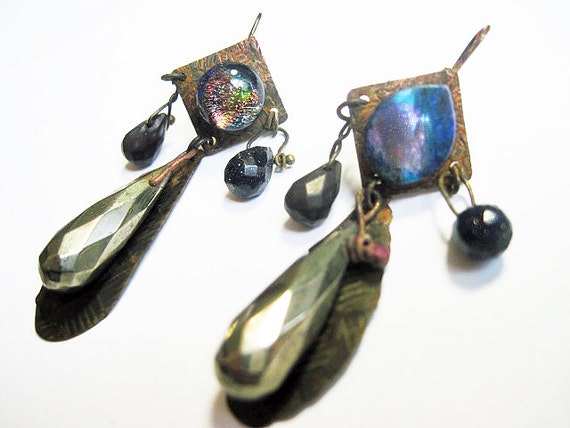 Concentrate Your Way to Heaven. Rustic Gypsy dark, victorian tribal asymmetrical assemblage earrings with pyrite gemstone dichroic.