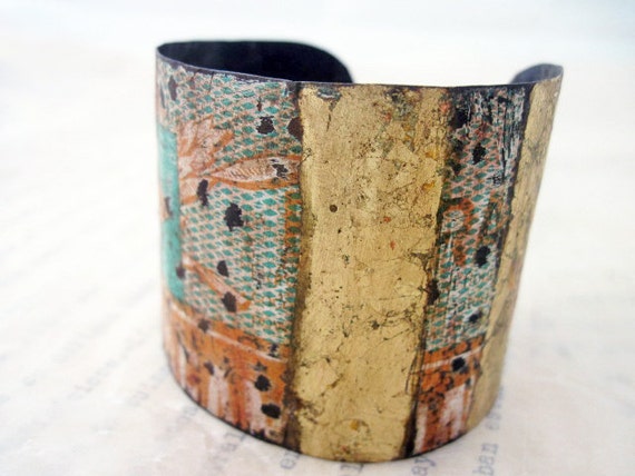 Understanding. Recycled Rustic Tea Tin Cuff Bracelet with Gold Leaf.