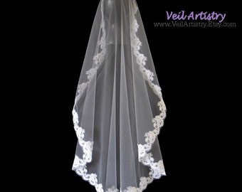 Mantilla Bridal Veil, Mantilla Wedding Veil, Mantilla Veil, Fingertip Veil, Alencon Lace Edge Veil, Lace Veil, Handmade Veil