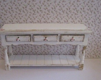 Dollhouse sideboard, Tatty chic, hand painted with rose bouquets, twelfth scale miniature