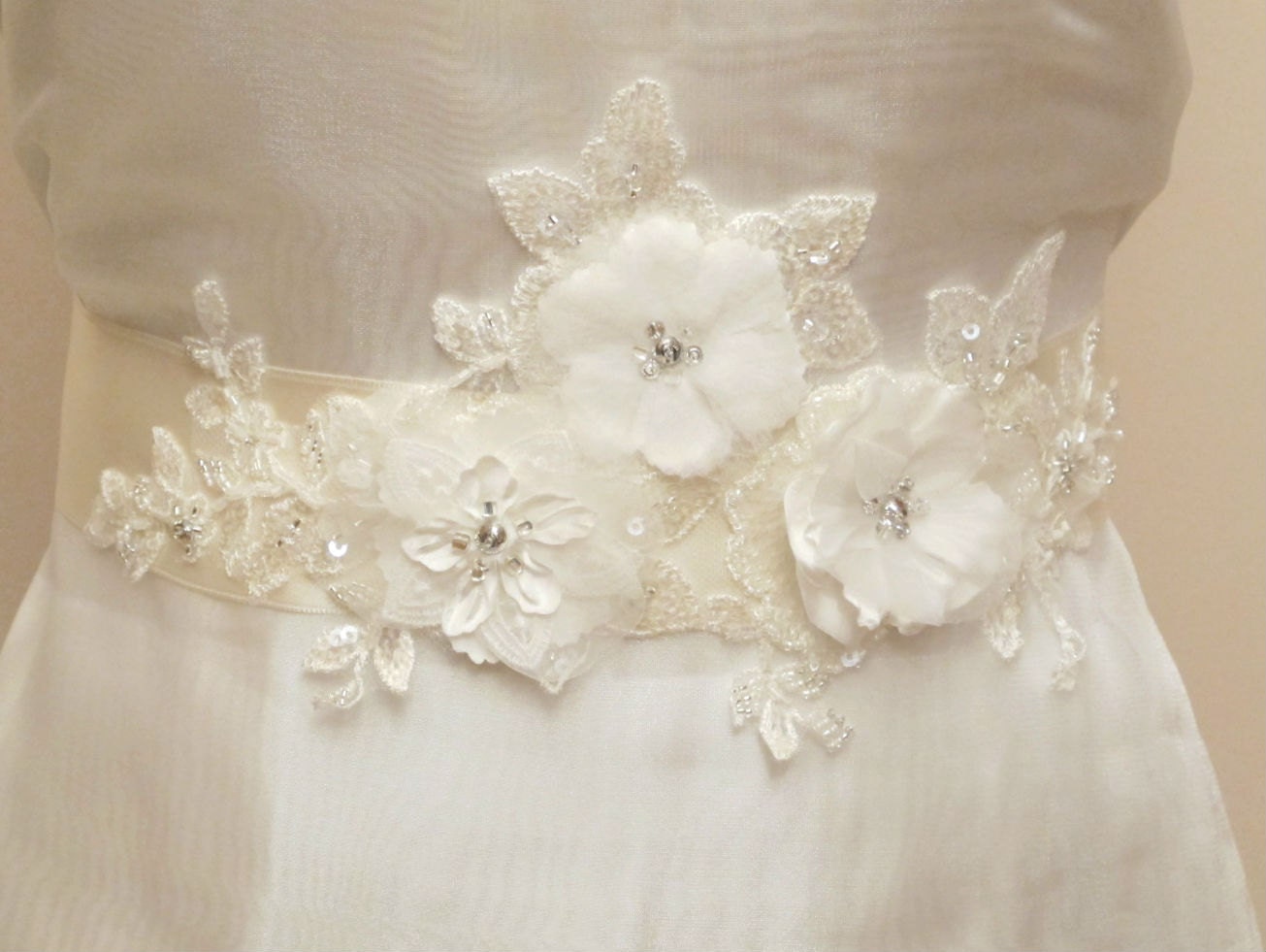 Ivory Beaded Flower Belt Bridal Wedding Sash Bridal by gebridal