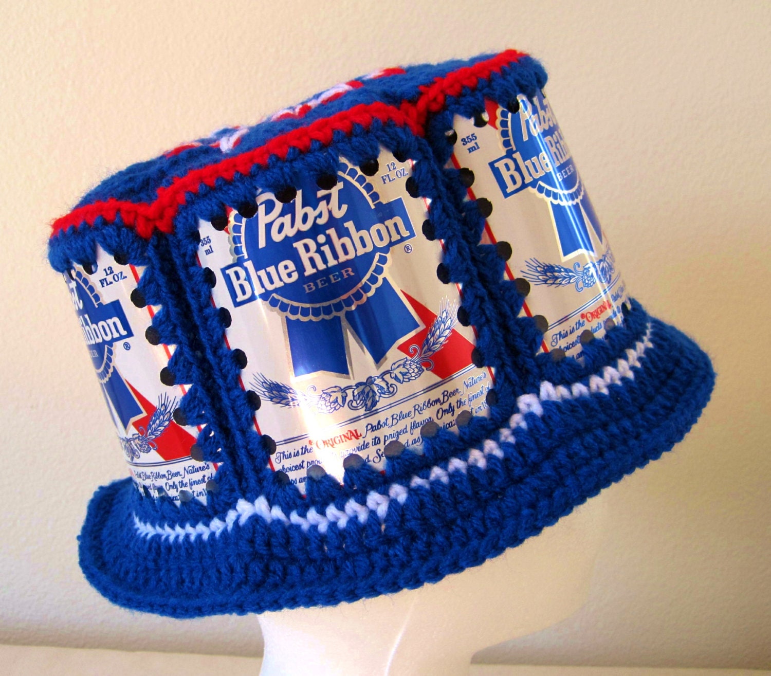 Crocheted Beer Can Hat Pabst Blue Ribbon