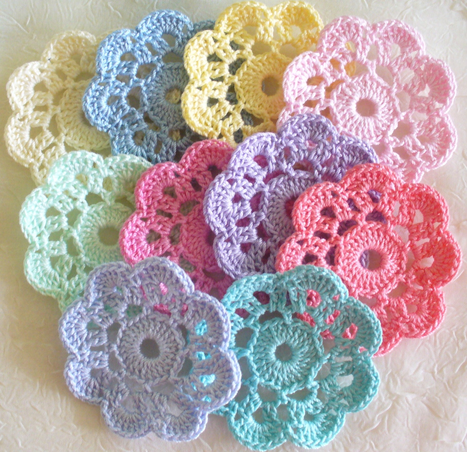 Crochet Applique Flowers Mini Doilies set of 10 Pastel