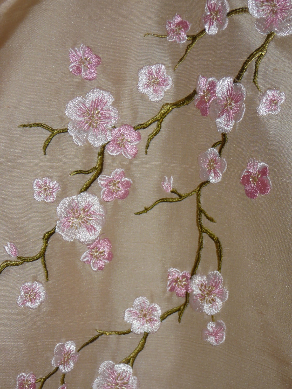 Recycled Embroidered Dupioni Silk Fabric Tan with Pink