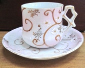 Antique China Demitasse Set Cup and Saucer Hand Painted White Wildflowers, Gold Accents, Lavender Pink