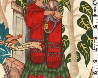Fabric Henry FRIDA'S GARDEN natural Frida Kahlo in her greatness with Mexican Milagros symbols on natural
