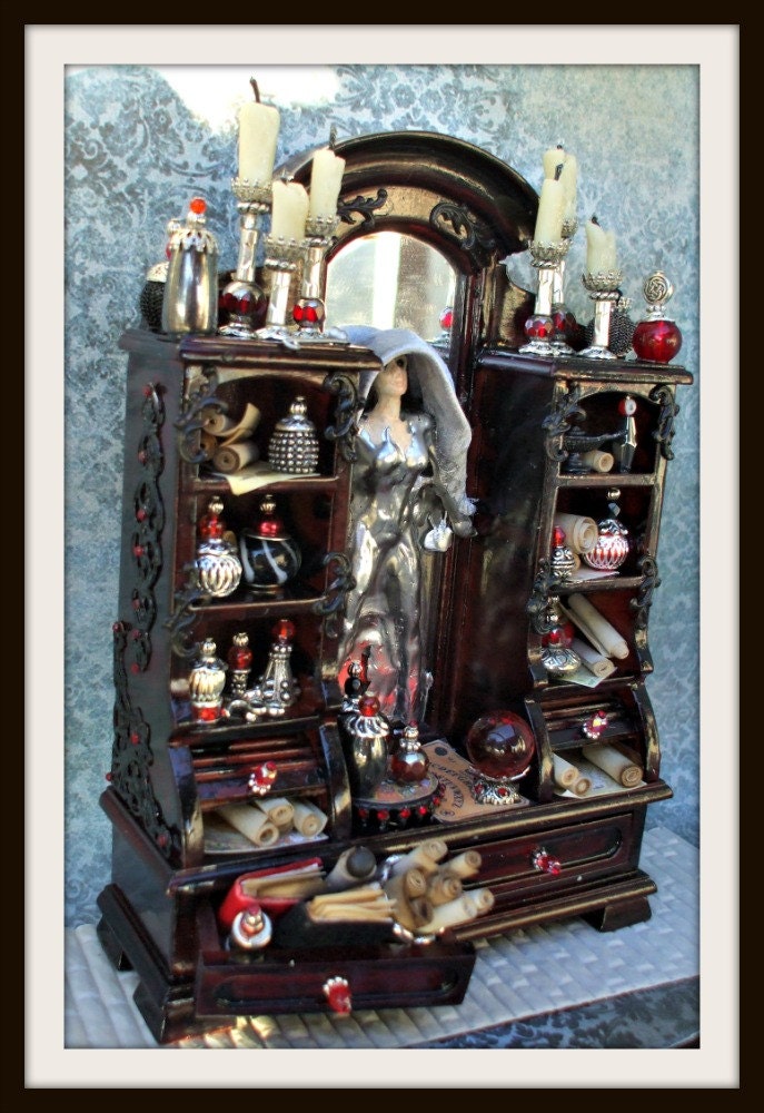 Miniature Dollhouse Witch Emerging From Mirror Gothic Dresser