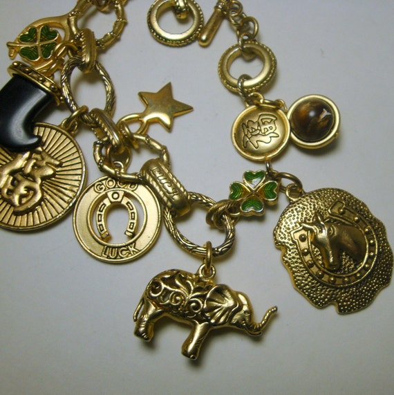Good Luck Gold Charm Bracelet 8 Charms4 Leaf Clover