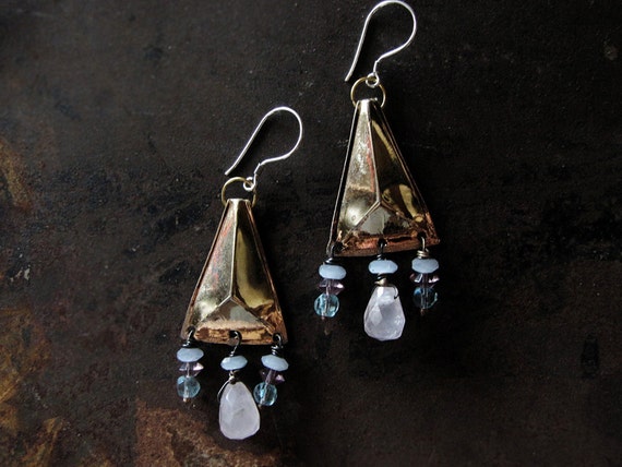 Asleep - assembalge earrings - tribal sci fi - gold triangles - rose quartz - vintage beads