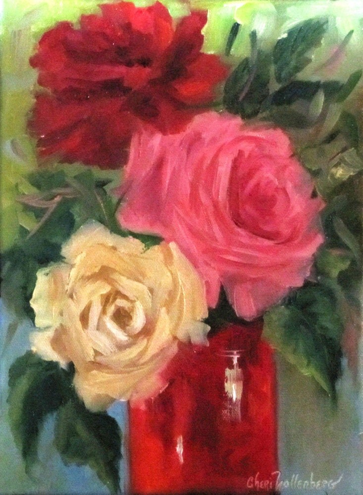 Still Life ArtSmall Floral Rose Painting Red Vase And Red