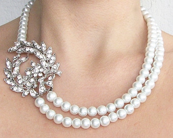 Wedding Necklace Bridal Jewelry Wedding Jewelry Statement Necklace Rhinestone Necklace Pearl Jewelry by Zafirenia