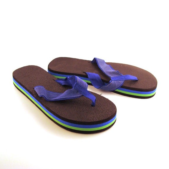 1980s Flip Flops Vintage Sandals Black Green and Blue