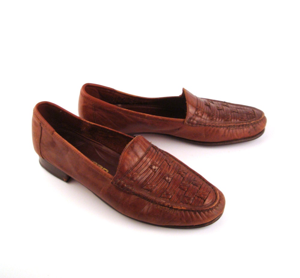 Woven Leather Loafers Vintage 1970s Jarman Brown Shoes Dress