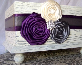Wedding Card BOX, Ivory Card Box, Dark Plum, Charcoal Gray and Ivory, Purple and Gray Wedding, Rustic Card Box, Custom colors available