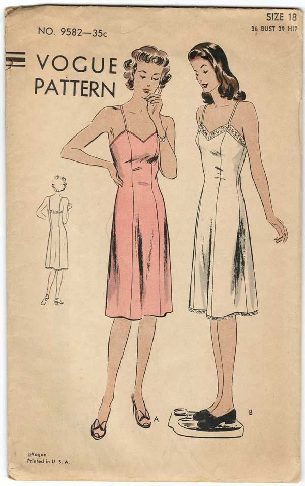 Vintage 1940s Full Slip Pattern Vogue 9582 Camisole Top Size