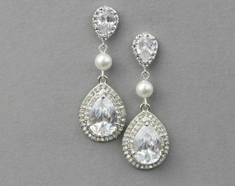 Wedding Earrings , Vintage Bridal Earrings , Wedding Pearl Earrings , Bridal Rhinestone Earrings ,Bridal Vintage Jewelry