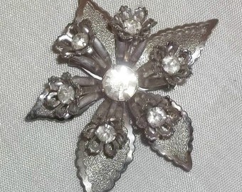 Vintage Silver Rhinestone Flower Brooch