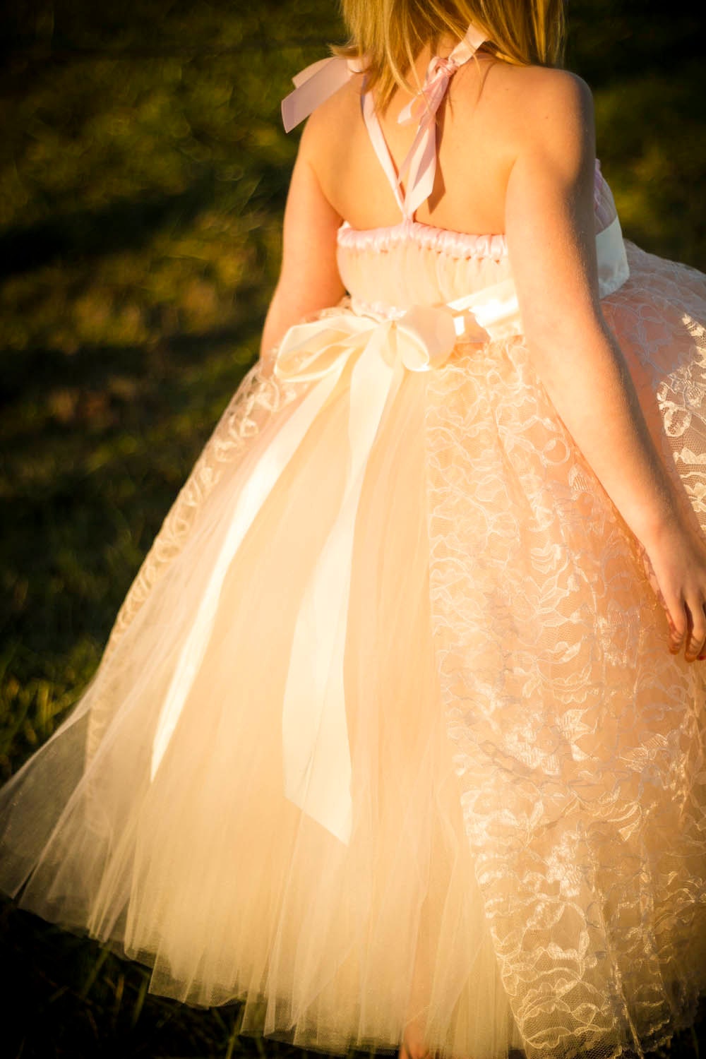 BLUSH Flower Girl Tutu Dress with Champagne Lace Overlay