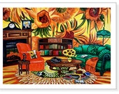 Art Print Still Life van Gogh Sunflowers Interior Fireplace Books Furniture from Original Oil Painting van Gogh's Study by k Madison Moore Art Print Still Life van Gogh Sunflowers Interior Fireplace Books Furniture from Original Oil Painting van Gogh's Study by k Madison Moore