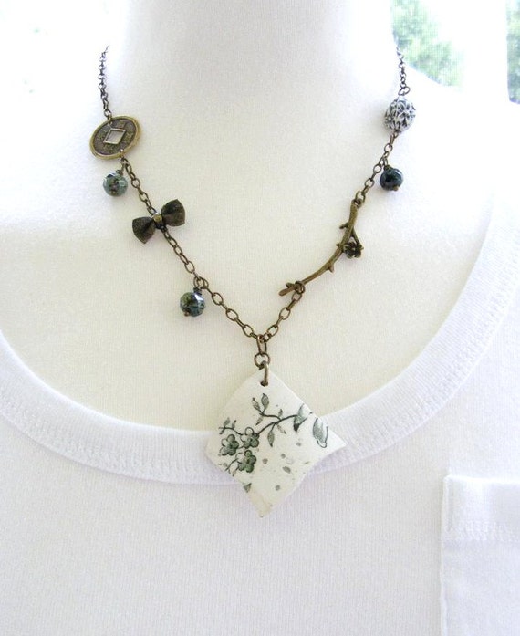 Green Flower Pattern Pottery Pendant with Antique by meiguidesigns