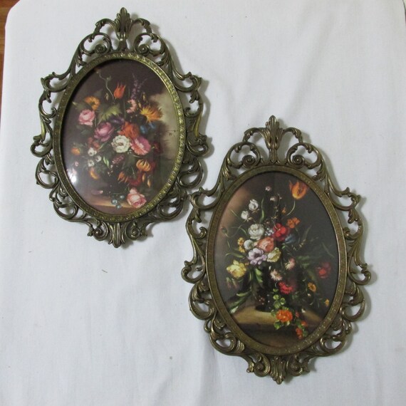 Oval Bubble Glass Set of 2 Metal Frames Floral Pictures Made