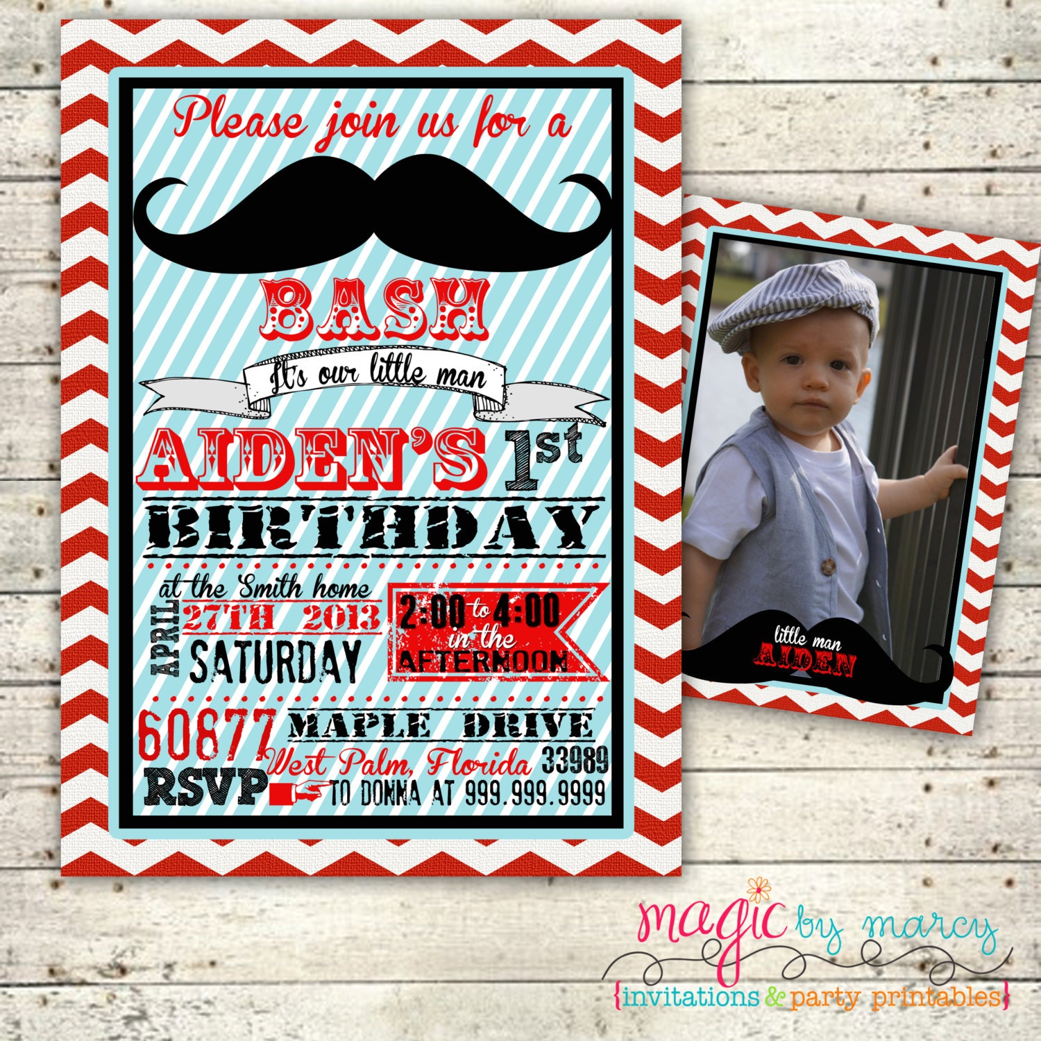 Retro Mustache Bash First Birthday digital Invitation