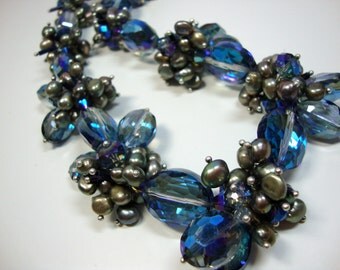 Bold Blue Crystals with Green Freshwater Pearls Necklace in Blue Bridesmaid Mother of Bride Wedding Jewelry