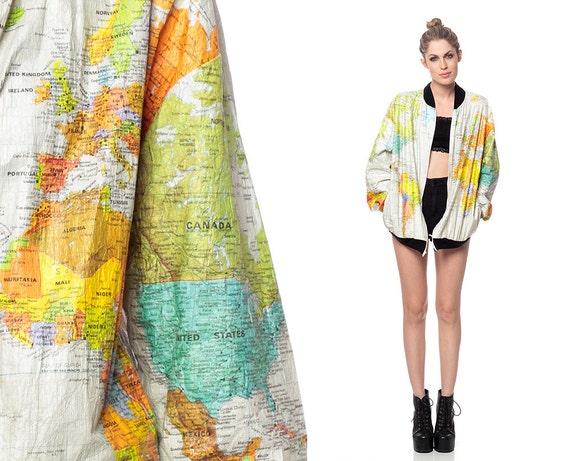 Map Of The World Jacket World MAP Jacket 90s Tyvek Coat USSR White Travel Bright 1990s Vintage 80s Hipster Atlas Oversized