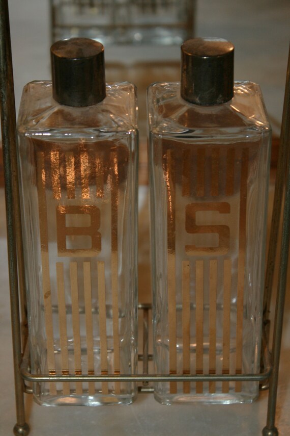 Set of Vintage Gold stripe Liquor Bottles