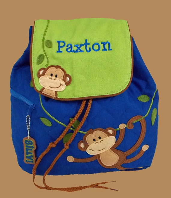 Personalized Stephen Joseph MONKEY Backpack In Blue and Lime Green Trimmed In Brown